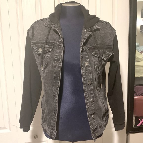Distressed Denim Jacket with Hood - Picture 1 of 7